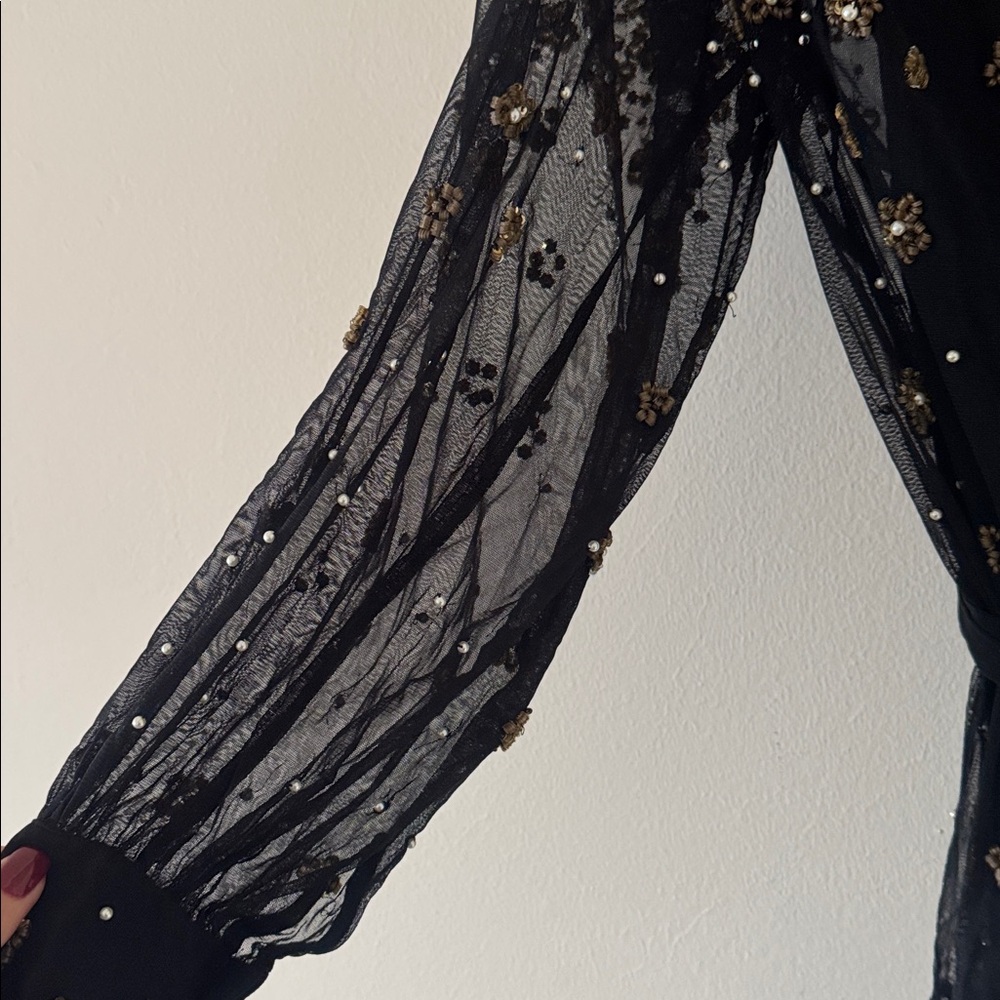 FARM RIO Black Embroidered Tulle Overlay Belted Long Sleeve Mini Dress,Small,398 - Picture 16 of 16